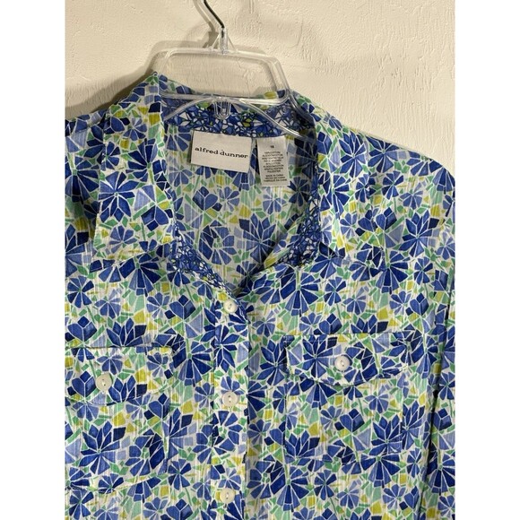 Alfred Dunner Vivid Sz 16 Floral Blue Green Artsy Button Up Woman Cotton Blouse - Picture 5 of 10